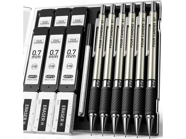 Metal Mechanical Pencil Set with Case, 6-Pack 0.7mm Medium Point 360 Leads, 12 Erasers, Non-Slip Grips, For School Writing, Sketching, Art Drawing...