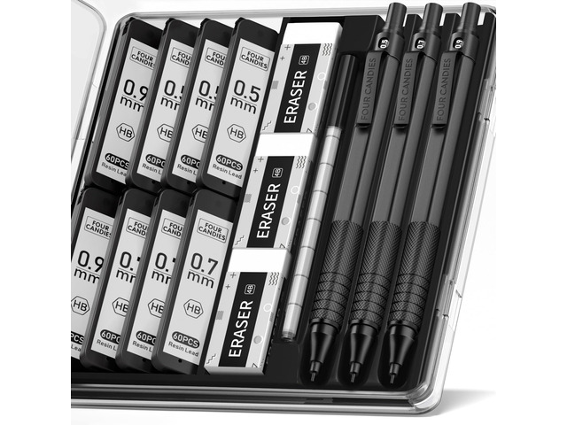 Metal Mechanical Pencil Set, 3PCS, 0.5 & 0.7 & 0.9mm, Black 480PCS HB Lead Refills, 3 Erasers, 9 Eraser Refills, Anti Grip, for Engineering,...