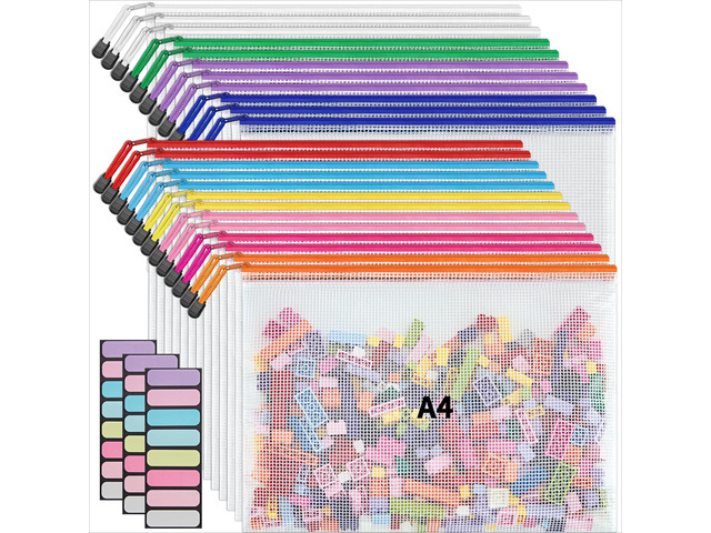 A4 Mesh Zipper Pouch Bags, 24 Pcs Waterproof Zipper Pouch Bags Multi-use Mesh Bags for Board Games & Puzzles, Office School Supplies, Toys,...