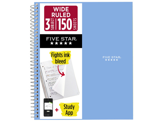Spiral Notebook + Study App, 3 Subject, Wide Ruled Paper, 8' x 10-1/2', 150 Sheets, Fights Ink Bleed, Water Resistant Cover, Tidewater Blue (73184)