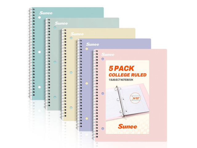 Spiral Notebooks, 1-Subject, 5 Pack, College Ruled Paper, 8' x 10-1/2', 70 Sheets per Notebook,3-Hole Punched Paper, Pink,Purple, Blue, Green,...