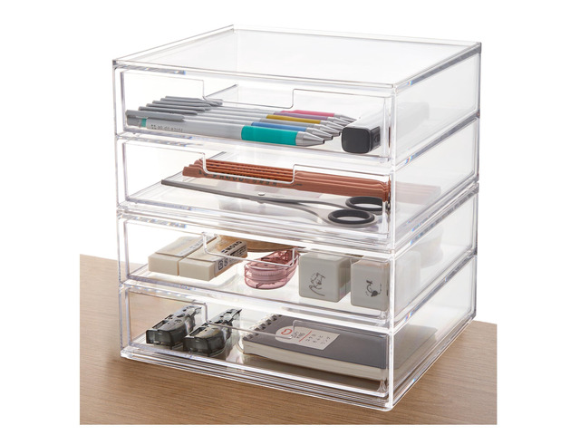 Stackable Desk Drawer Organizer, Clear Pen Pencil Makeup Brush Holder for Desktops and Vanities, 4 Wide Drawers (Made in USA)