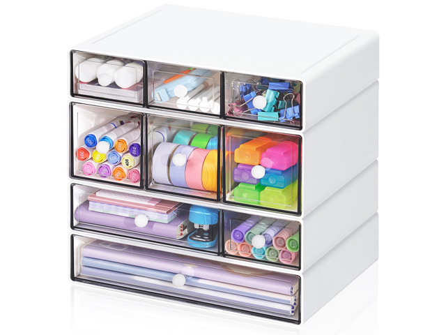 Desk Storage Organizer with 9 Drawers, 4 Tiers Stackable Desktop Craft Storage Drawers, Clear Storage Box Caddy for Stationary Makeup Jewelry...