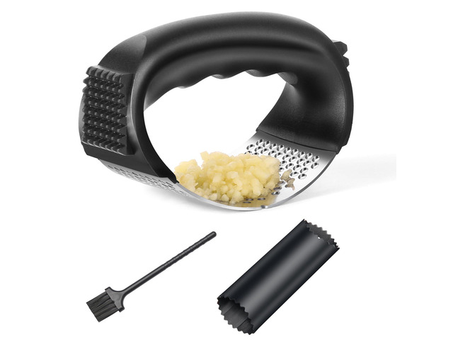 Garlic Press Rocker - Stainless Steel Garlic Mincer, Garlic Chopper, Garlic Crusher with Garlic Peeler and Cleaning Brush for Effortless Smashing...