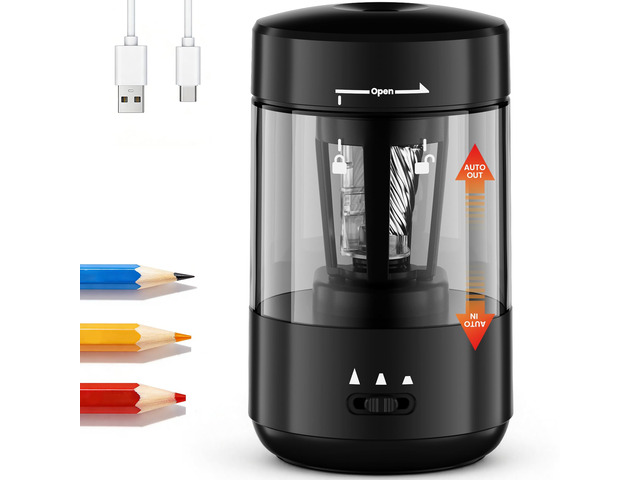 Electric Pencil Sharpener for Classroom, Fully Automatic, Black Type-C Rechargeable, Auto In/Out, 2000mAh Built-in Battery, Fast Sharpen, For 6-8mm...