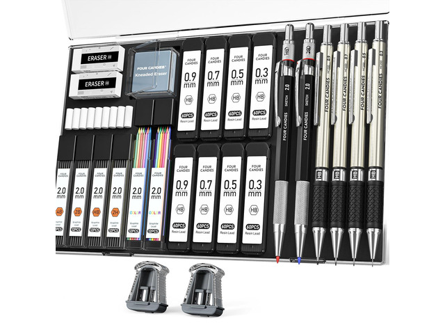 27PCS Metal Mechanical Pencil Set, Art Supplies with Case 0.3, 0.5, 0.7, 0.9 mm & 2PCS 2mm (HB 2H 2B 4B Color) with 552 Lead Refills, Technical...