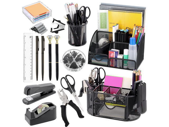 17 IN 1 Office Desk Organizer Set for Back to School Supplies Accessories 3 Office Desk Storage Organization, 4 Pens, Stapler, Staples & Remover,...