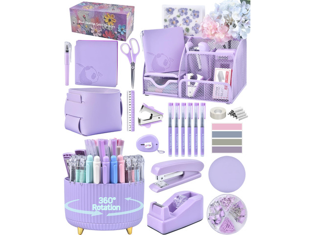 Purple Desk Accessories and Organizers with Desk Organizer and 360°Rotating Pen Holder stapler Pen and a Lot of Office Purple Office Supplies...