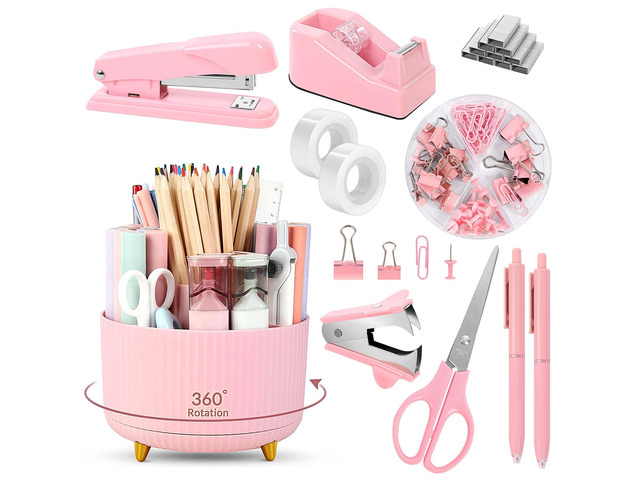 Pink Desk Accessories 11Pcs with Rotating Pen Holder for Desk Included Stapler with Staples, Staple Remover, Tape Dispenser,2pcs Tape Refills,...