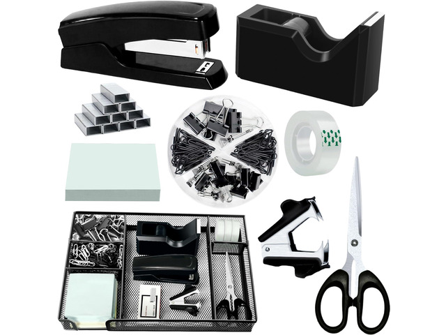 Black Desk Organizer Set, Office Supplies with Stapler and Tape Dispenser Includes Desk Drawer Organizer,Tape, Staples, Staple Remover, Paper...
