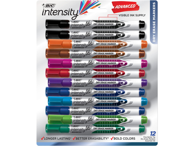 Intensity Advanced Colorful Dry Erase Markers, Bullet Tip, 12-Count Whiteboard Markers for Teachers and Students Smooth Liquid Ink for Clear...