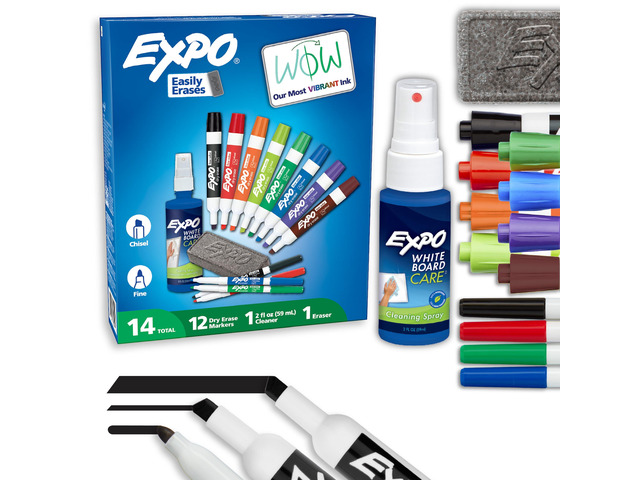 Dry Erase Markers Kit, Fine and Chisel Tip Markers, Assorted Colors, Eraser, Spray Cleaner, 14 Count