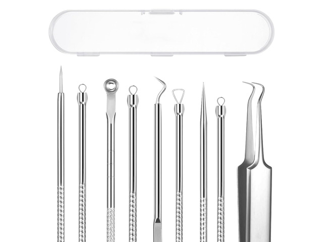 5PCS Blackhead Remover Comedone Extractor Kit Professional Stainless Steel Tools for Pimple, Acne, and Blemish Removal - Curved Tweezers Included