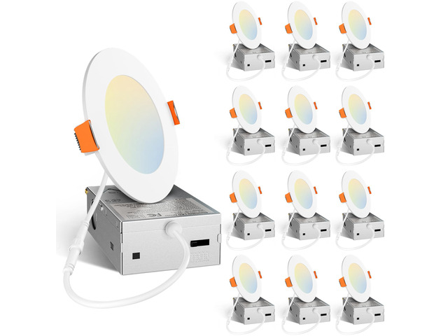 12 Pack 4 Inch LED Recessed Lighting, Canless Wafer Downlight, White 5CCT 2700K-5000K, 5%-100% Dimmable, Ultra-thin, Metal housing, 800LM 11W 120V,...