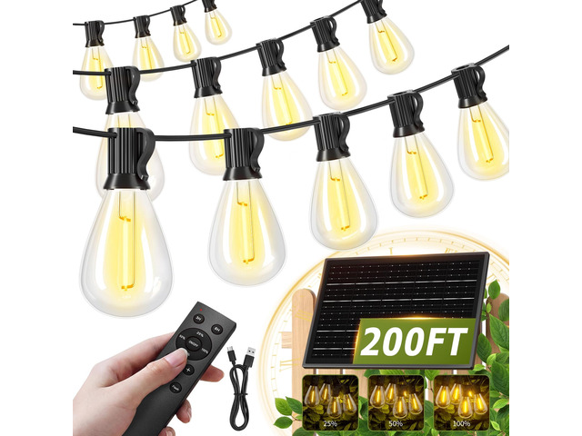 200FT Solar String Lights Outdoor Waterproof 72+2 LED Bulbs, Solar Powered with Remote & USB Port, 3 Light Modes Dimmable Patio Lights for Large...