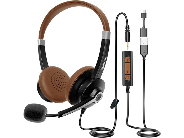 Arama USB Headset with Mic for PC, USB-C/A & 3.5mm Jack Noise-canceling mic, Plug-and-play,Comfortable lightweight design, Stereo soundWide...