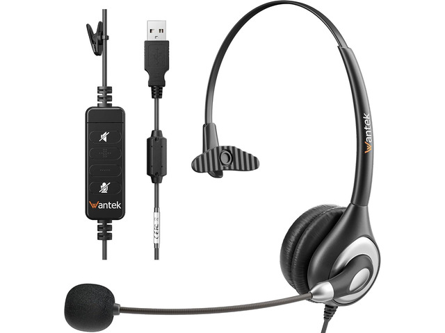 Wantek Corded USB Headsets Mono with Noise Cancelling Mic and in-line Controls, UC Business Headset for Skype, SoftPhone, Call Center, Crystal...