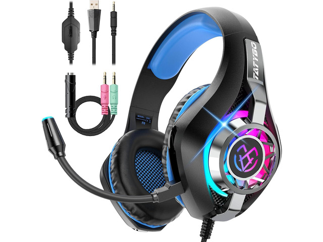 Tatybo Gaming Headset for PS5 PC, Noise Canceling Mic, RGB, Black Blue Over Ear, Deep Bass Stereo Sound for FPS, Battle Royale, Lightweight...