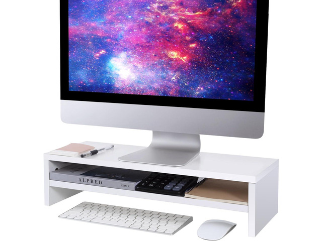 BEYGORM Monitor Stand Riser, White, 21.6 inch, 2 Tiers Wood Desk Shelf