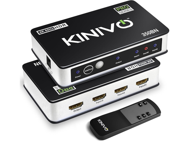 Kinivo HDMI Switch 3 in 1 Out 4K 60Hz (HDR 10, High Speed 18Gbps, IR Remote, HDCP2.2, Dolby Vision, VRR) - 350BN Switcher Compatible with Roku,...