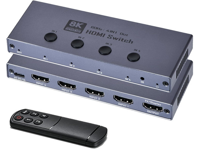 8K HDMI 2.1 Switch, HDMI 2.1 Switcher 4 in 1 Out Supports CEC 8K@60Hz, 4K@240Hz, 1080P@480Hz, HDCP 2.3 HDR 3D Dolby Atmos VRR Compatible with PS5...