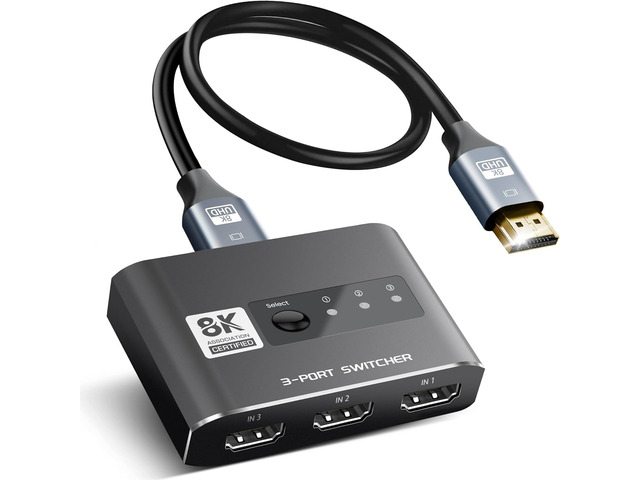 HDMI 2.1 Switch 3 in 1 Out, 4K@120Hz 8K@60Hz, Aluminum,48Gbps w/HDMI Cable