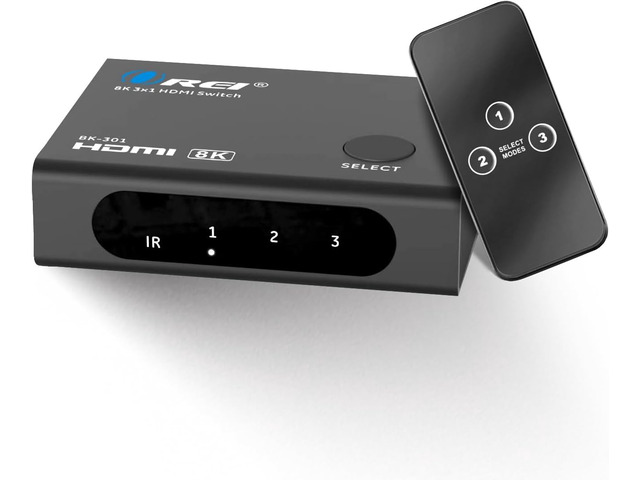 OREI 8K 3-Port HDMI 2.1 Switch, 3-in 1-Out, 8K@60Hz, CEC, HDR, IR Remote