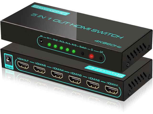 SkycropHD 4K@60Hz HDMI Switch 5 in 1 Out HDMI 2.0 Switcher Box with Remote