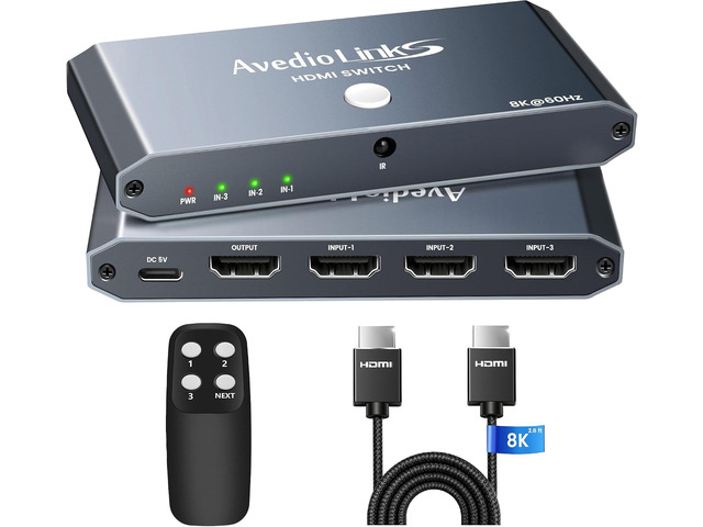 4K@120Hz HDMI 2.1 Switch 3 in 1 Out with HDMI Cable, 8K@60Hz, 48Gbps Remote