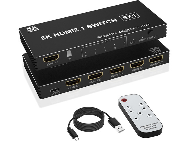8K HDMI Splitter HDMI Switch 4K 120Hz - 5 in 1 Out hdmi switcher 8K 60Hz 4K 120Hz Splitter with Remote 3D HDR10+ HDCP 2.3 CEC, Use for PS5/4/3 Xbox...