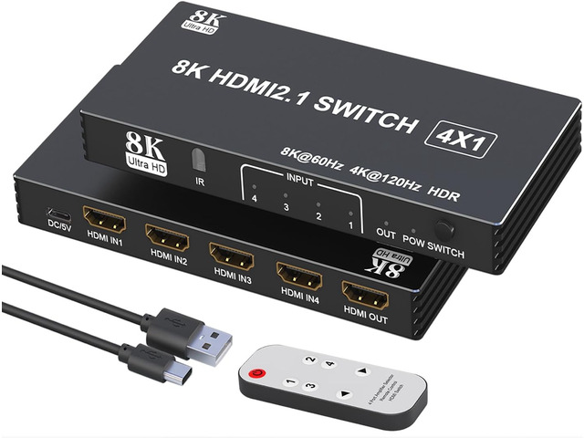 HDMI Switcher 4 in 1 Out - 4 Port 8K HDMI 2.1 Switch with Remote, Supports 8K@60Hz, 4K@120Hz, HDR10+, VRR, 3D, HDCP2.3 Compatible with PS5, Xbox,...