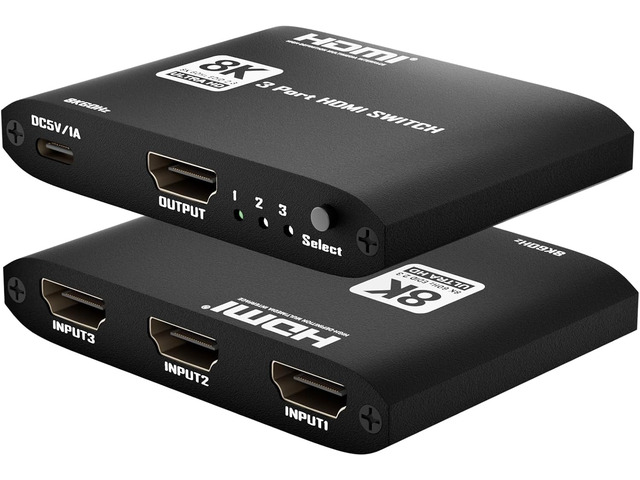 8K HDMI 2.1 Switch 3 in 1 Out, 4K 120Hz Switcher 48Gbps High Speed Hub with VRR ALLM Dolby Atmos CEC, 3 Port HDMI Input Selector Adapter for PS5...