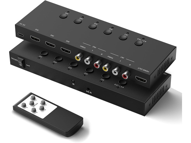 5In to 1Out HDMI/AV Switch (2 AV Input+3 HDMI 2.0 Inputs) RCA to HDMI Converter for PS1/2/3/4/5, N64, SNES, Switch, DVD, Roku etc.