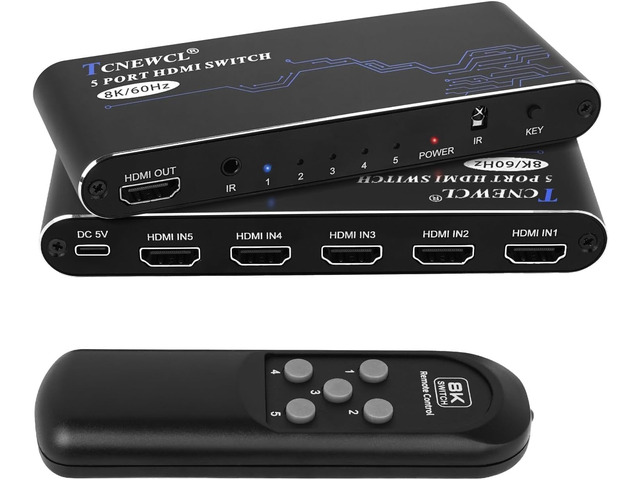 TCNEWCL 8K HDMI Switch 5 in 1 Out, HDMI Hub 8K@60Hz 4K@120Hz, HDMI 2.1 Selector Compatible with PS5 PS4 Xbox PC