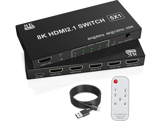 8K HDMI Switch 5 in 1 Out, Hdmi Splitter with Remote 5 Port Switcher Selector Box Support 3D//HDR/HDCP2.3, HDMI 2.1 Switch Box Compatible with PS...