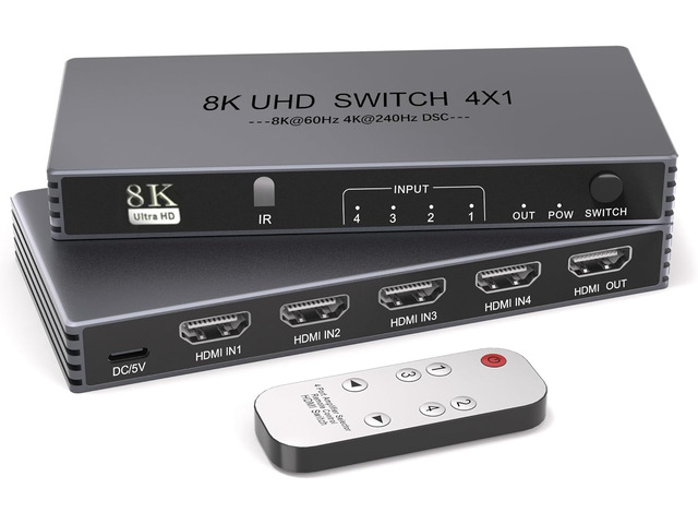 HDMI Switcher 4 in 1 Out - New Upgrade 8K@60Hz 4K@240Hz/144Hz/120Hz HDMI Switch with Remote Support HDCP2.3/HDR10, for PS5/PS4 Xbox Nintendo Roku...