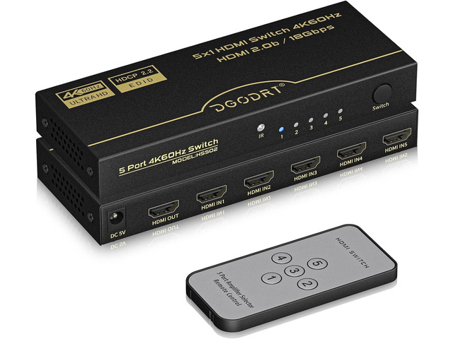 HDMI Switch 5 in 1 Out 4K@60Hz, DGODRT 5 Port HDMI Switcher Selector Box with Remote and Auto Switch, Support 3D HDR10 HDCP2.2, 5x1 Game Switcher...