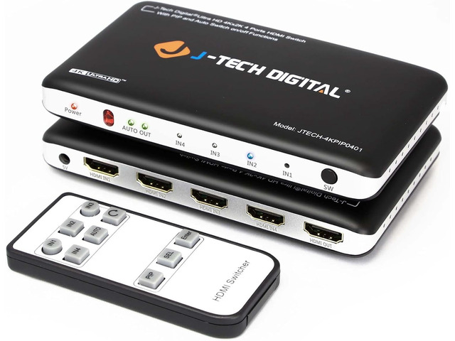 J-Tech Digital 4K x 2K 4-Port HDMI Switch with PIP, IR Wireless Remote Control, and Auto Switch ON/Off Functions HDMI Switcher Hub Port Switches