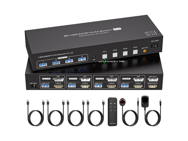 HDMI Displayport KVM Switch 4 Computers 2 Monitors 8K 60Hz 4K 120Hz 4 Port Dual Monitor KVM Switches for 4PC Share Four USB Device Support Copy and...
