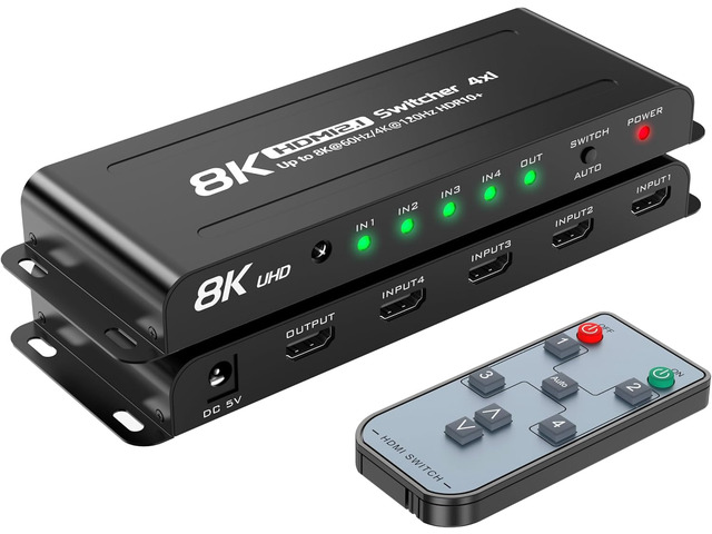 8K 60Hz HDMI 2.1 Switch 4 in 1 Out, 4K 120Hz, 48Gbps, VRR/ALLM