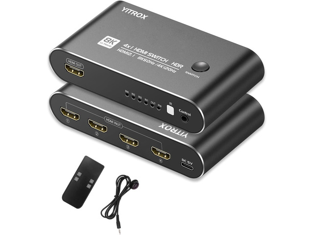 HDMI Switch 4 in 1 Out 4K 120Hz, 4K 144Hz, 8K 60Hz, HDMI 2.1 Switcher Compatible with PS4/5, Xbox, Fire Stick, Apple TV, Roku, HD TV, Aluminum Shell