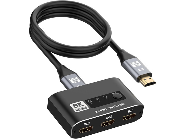 8K HDMI 2.1 Switch 3 in 1 Out, 3 Port HDMI Switcher 4K@120Hz 8K@60Hz 48Gbps, Aluminum HDMI Selector Box with 8K Cable,for Multiple Consoles,...