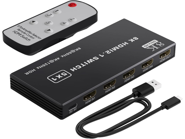 8K@60Hz HDMI Switch 5 in 1 Out Aluminum Support 4K@120Hz HDR + HDCP 2.3 CEC HDMI 2.1 Switcher Splitter with Power Adapter Compatible with PS5/4/3...