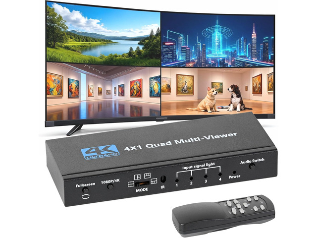 HDMI Multiviewer 4 in 1 Out, Seamless 4K HDMI Switcher with 9 Display Modes, Supports 4K 30Hz, Cascading, IR Remote for Security Cameras and Gaming...