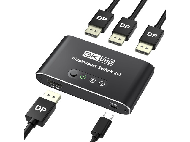 DisplayPort Switch 3 in 1 Out 8K@60Hz, DP Switcher Connects 3 PCs to 1 Monitor, DisplayPort 1.4 Selector 3x1, Manual Button Switcher for...