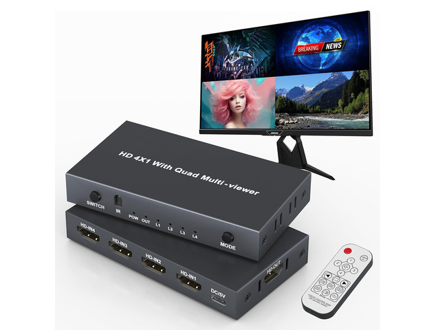 4K HDMI Switcher 4 in 1 Out with Quad Screen Multiviewer, HDMI Multiviewer Switch Seamless Quad Multi-Viewer with 5 Display Modes, with IR Remote...