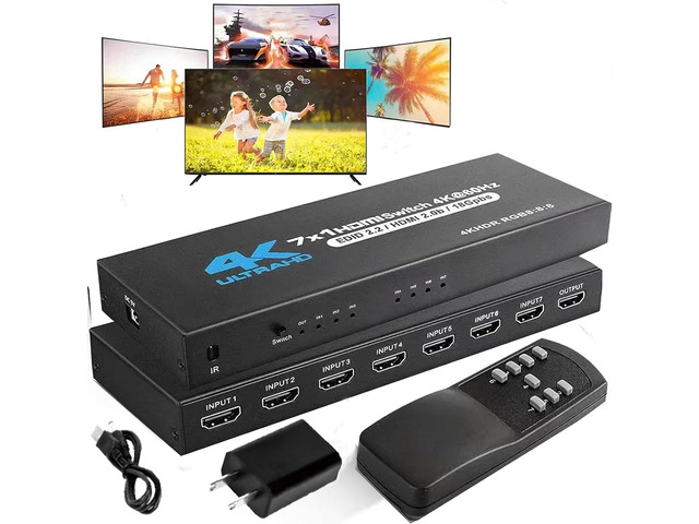 HDMI Video Switcher 7×1 Switch 7HDMI Input 1HDMI Output 4K@60Hz Seamless Switch with 1IR Remote/1Power Cable Support Automatic Switching Panel Key...
