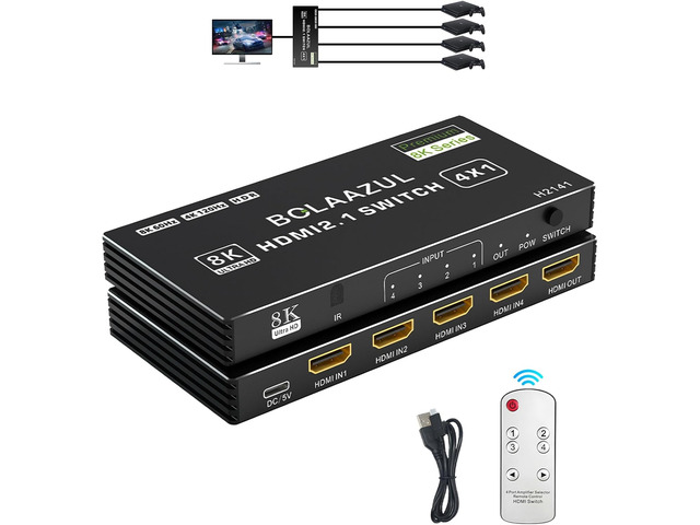 BolAAzuL 4K 120Hz HDMI 2.1 Switcher 4 in 1 Out 8K 60Hz 2K 144Hz with Remote