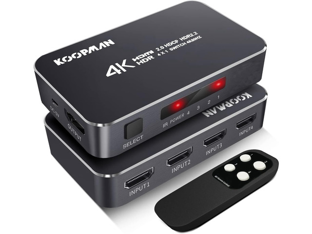 4K HDR HDMI Switch, Koopman 4 Ports 4K 60Hz HDMI 2.0 Switcher Selector with IR Wireless Remote, Supports UltraHD Dolby Vision, High Speed(Max to...