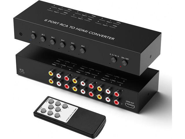 6Port AV to HDMI Converter RCA/Composite/CVBS Adapter Support 16:9/4:3 Switch for Wii/N64/PS1/PS2/PS3/VHS/VCR/DVD Players etc (6Port RCA in to 1...
